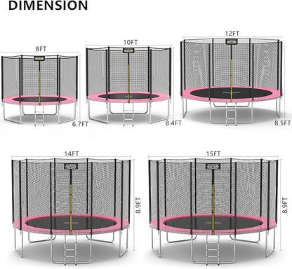 AOTOB 8FT 10FT 12FT 14 FT 15FT Trampoline with Safety Enclosure Net，Outdoor Trampoline with Basketball Hoop, Heavy Duty Jumping Mat and Spring Cover Padding for Kids and Adults, Storage Bag and Ladder