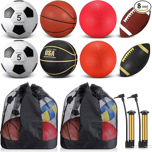 Deekin 8 Pcs Sports Balls Set for Adult Assorted Football Basketball Soccer Playground Balls