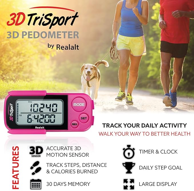 3DTriSport Walking 3D Pedometer with Clip & Strap, eBook Included | 30 Days Memory, Accurate Step Counter, Walking Distance Miles/Km, Calorie Counter, Daily Exercise Time Monitor