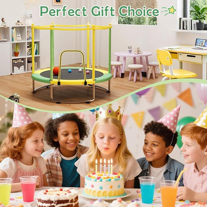 Kids Trampoline with Safety Net – 440lbs Capacity, Upgraded Rust-Proof Ring Legs, Adjustable Gymnastics Bar & Toys – Indoor Outdoor Toddler Trampoline for Boys & Girls Ages 1-8