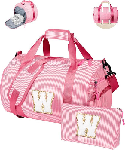 Ballet Gift for Little Girls, Girl Gym Bag, Kids Initial Overnight Duffel Bags with Shoe Compartment, Personalized Travel Bag with Makeup Pouch, Dance Recital Gifts for Daughter (Letter W)