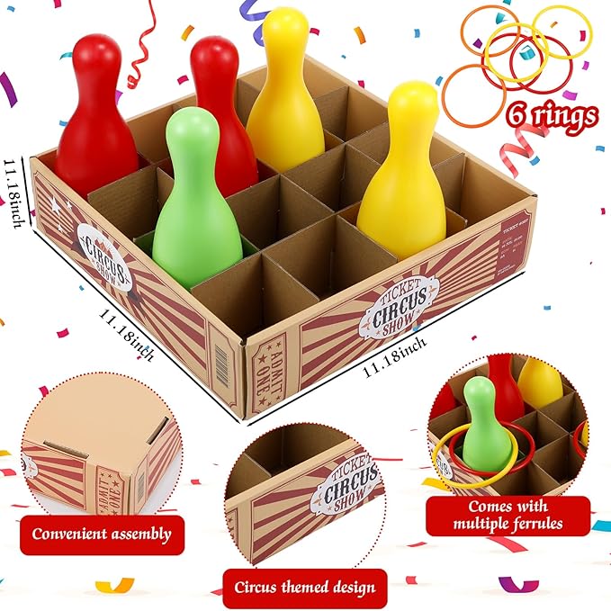 Wettarn Carnival Bottle Toss Game Ring Toss Games, Include a Circus Ticket Box 6 Plastic Bottles and 6 Throw Rings for Summer Carnival Outdoor Backyard Beach Party Activities