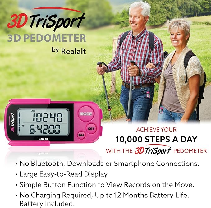 3DTriSport Walking 3D Pedometer with Clip & Strap, eBook Included | 30 Days Memory, Accurate Step Counter, Walking Distance Miles/Km, Calorie Counter, Daily Exercise Time Monitor