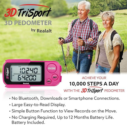 3DTriSport Walking 3D Pedometer with Clip & Strap, eBook Included | 30 Days Memory, Accurate Step Counter, Walking Distance Miles/Km, Calorie Counter, Daily Exercise Time Monitor