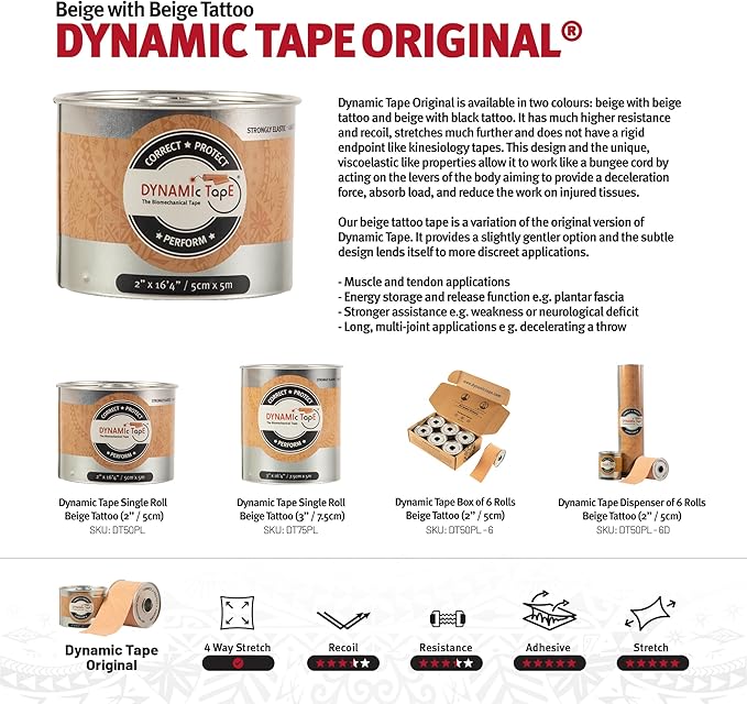 Dynamic Tape Original | Biomechanical Adhesive Tape | Physio Tape for Knee, Ankle, Shoulder, Leg, Muscle Support | Sports Tape for Football, Rugby, Ideal for Athletes | Beige & Beige - 3" (1)