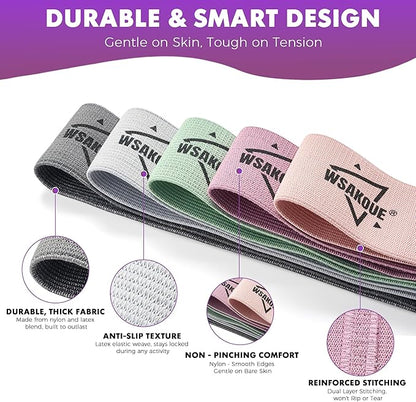 WSAKOUE Fabric Resistance Bands for Working Out – 5 Booty Bands for Women & Men, Exercise Workout Bands for Legs, HIPS & Glutes – Ideal for Home Fitness, Yoga, Pilates & Rehab