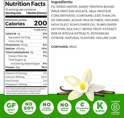 Orgain 38g High Protein Shake, Dairy Isolate Protein Milk, Vanilla, 6g BCAAs, 1g Sugar Per Serving, Meal Replacement, Ready to Drink, Keto Friendly, Gluten-Free 14 Fl Oz (Pack of 12)