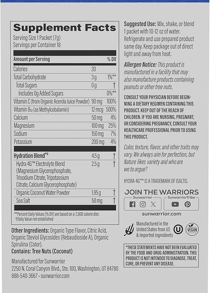 Sunwarrior Hydration Powder Electrolyte Packets Powder B12 Elderberry | Blue Raspberry Flavored 18 Stick Packs 126g Pouch | Vegan and Plant-Based Sugar Free