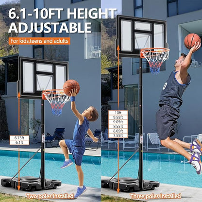Sweetcrispy Portable Basketball Hoop Outdoor 6.1-10FT Adjustable Height, 44 Inch Shatterproof Backboard/Shock Absorbent Rim, Fillable Base, 2 Wheels for Backyard/Driveway