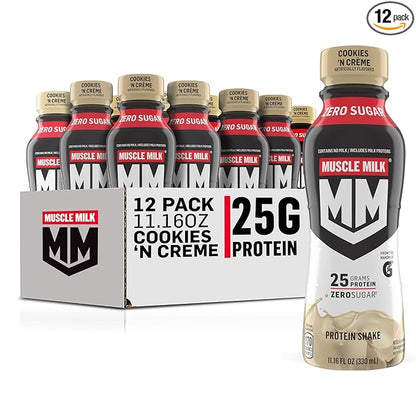 Muscle Milk Genuine Protein Shake, Cookies and Creme, 11.16 Fl Oz Bottle, 12 Pack, 25g Protein, Zero Sugar, Calcium, Vitamins A, C & D, 4g Fiber, Energizing Snack, Workout Recovery, Packaging May Vary