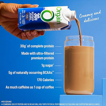 Orgain 30g High Protein Shake, Café Latte, 5g BCAAs, 1g Sugar Per Serving, Caffeine from 1 Cup of Coffee, Milk Isolate, Meal Replacement, Ready to Drink, Keto Friendly, Gluten-Free 11 Fl Oz (12 Pack)