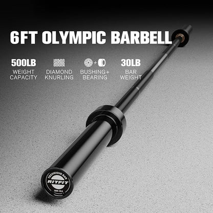 RITFIT Olympic Barbell 4ft/4.8ft/6ft - 2 Inch Weight Bar for Strength Training, Weightlifting, Squat, Deadlift, Bench Press, Curl, Overhead Press - 350lbs/500lbs Capacity