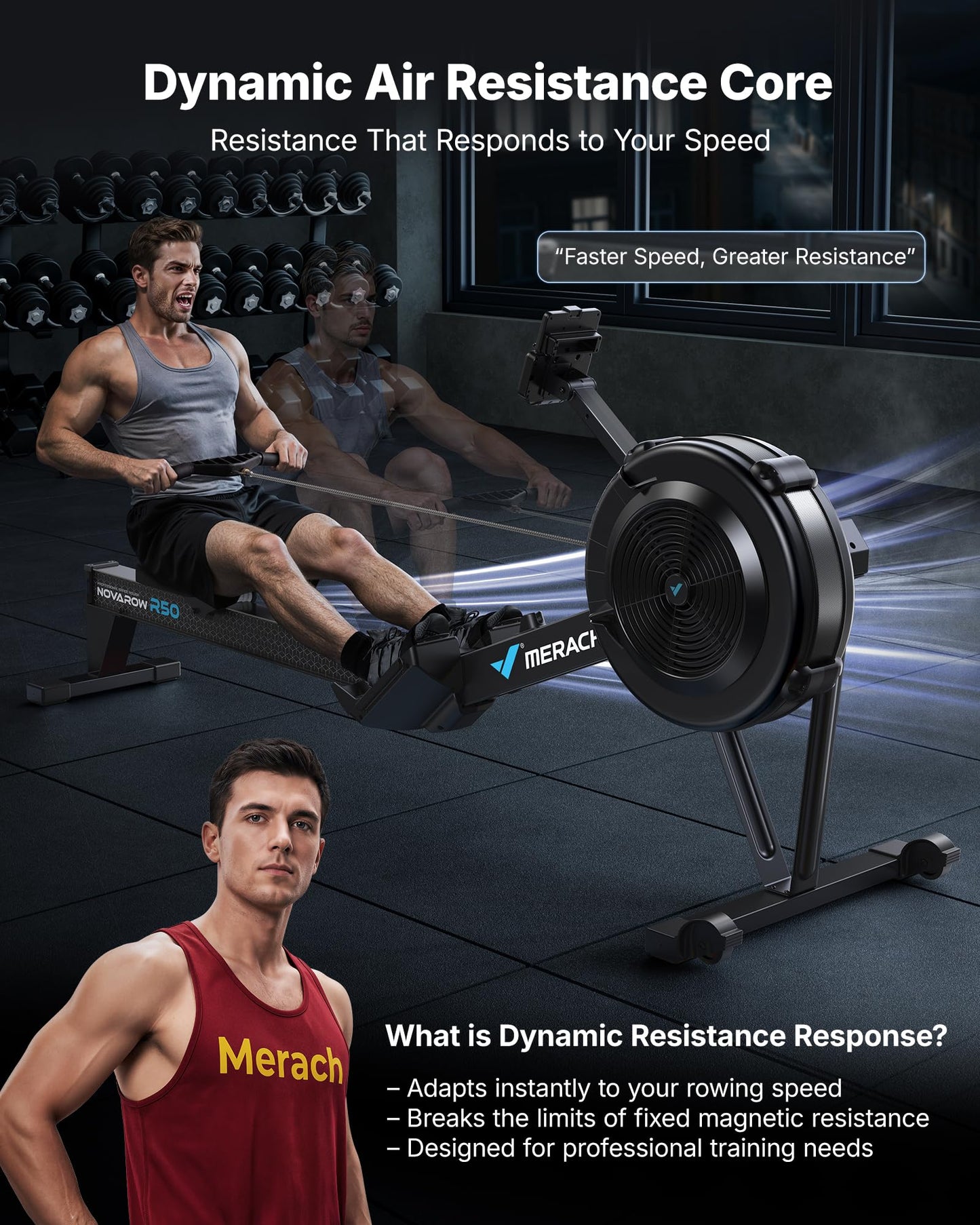 Merach R50 Pro Rowing Machine Indoor, Professional Monitor, Easy Storage