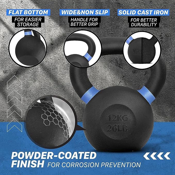 Yes4All Kettlebell, Heavy Duty Powder Coated Cast Iron Kettlebells, Non-Slip Handle & Flat Bottom for Conditioning, Strength Training & Full Body Exercises at Home Gym - Single & Pair