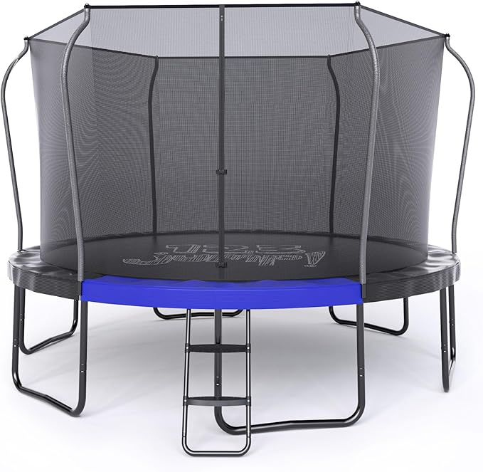 123JUMP by Skywalker Trampolines 10FT 12FT 14FT Outdoor Trampoline with Enclosure and Ladder, Round Recreational Trampoline for Kids with ASTM Approval, Spring Pad Cover, Heavy Duty Jump Mat