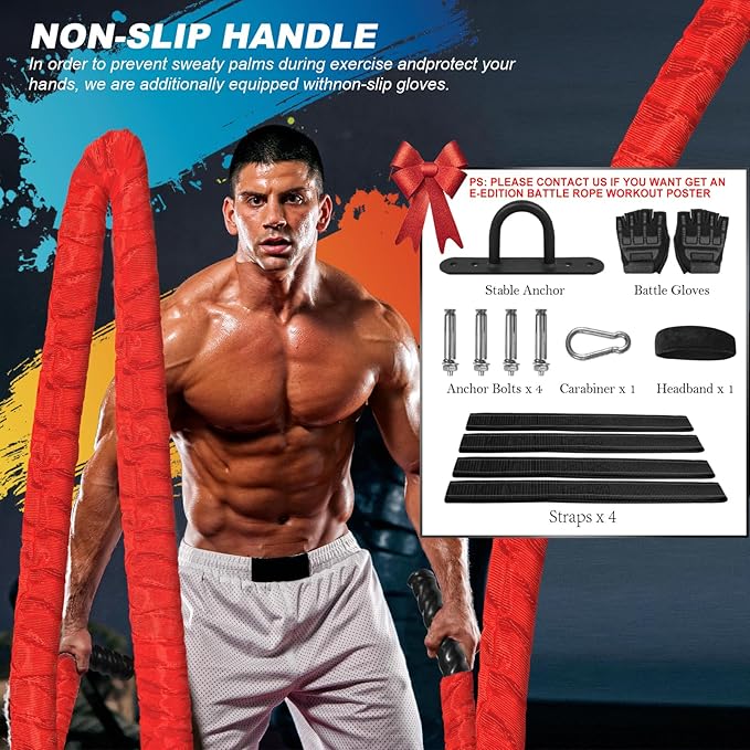 Battle Rope for Home Gym,1.5inch 30ft Red Battle Ropes with Protective Cover - Workout Equipment Heavy Exercise Rope for Strength Training for Kids or Adults