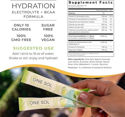 One Sol Hydration - Cucumber Lime - 24x On The Go Stick Packs - Electrolyte Powder Drink Mix - Energy Boost & Burn - Third Party Tested