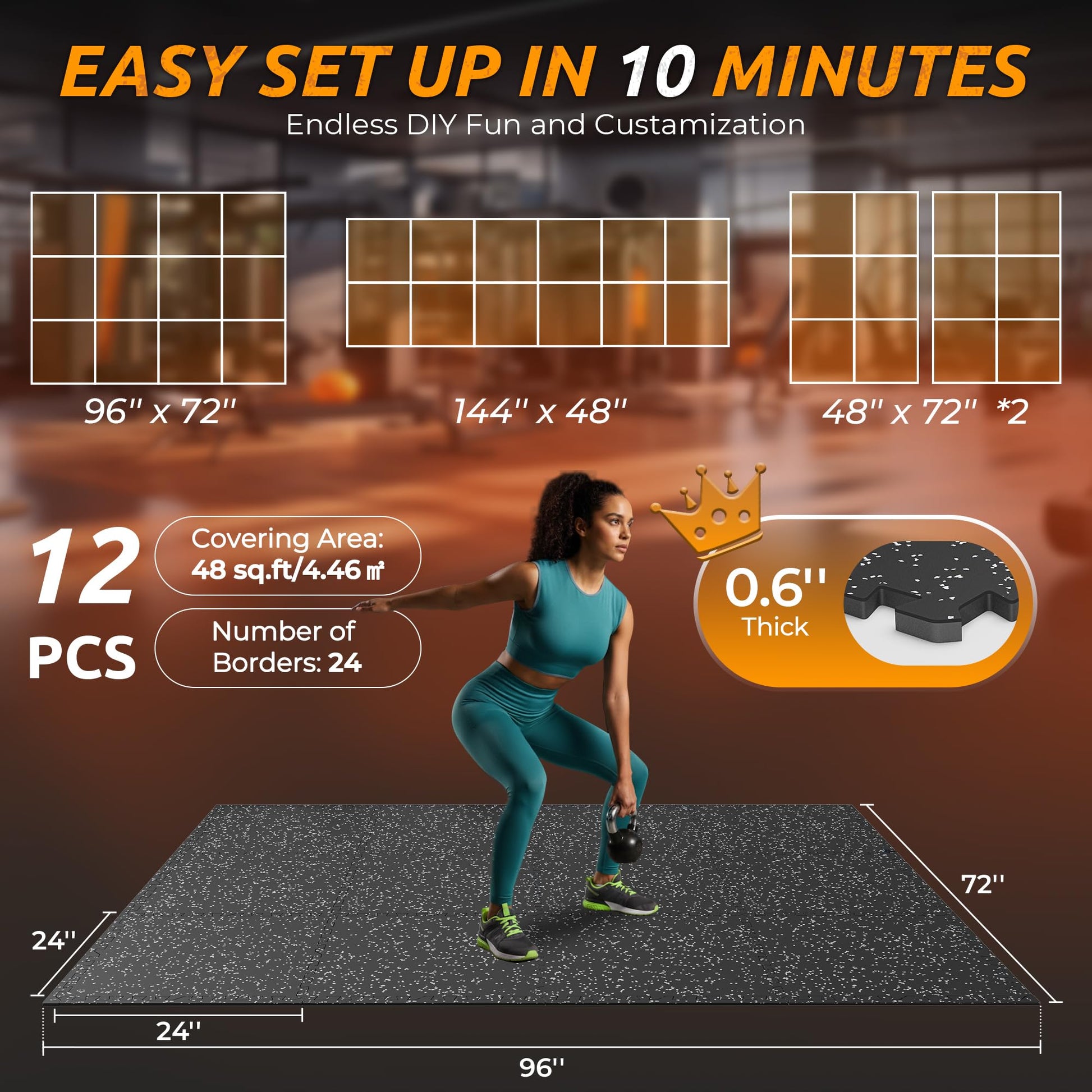 PRAISUN 0.6" Thicker Rubber Top 48 Sq Ft Gym Flooring for Home Gym