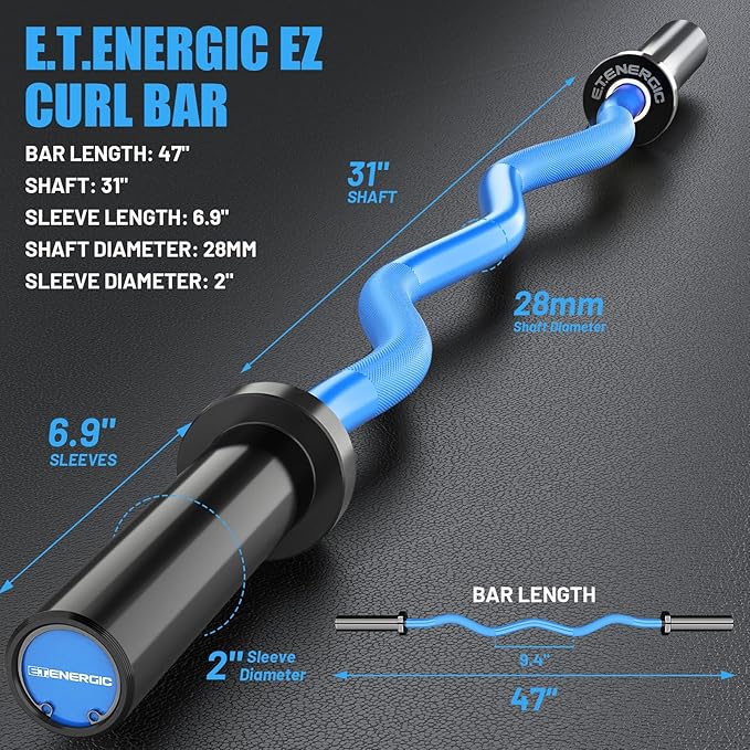 47" Olympic EZ Curl Bar 500-lbs Capacity Steel Barbell Suitable for 2" Weight Plates, 2-Inch Curl Bar for Weight Lifting,Hip Thrusts,Squat,Biceps-Home Gym Weight Bar