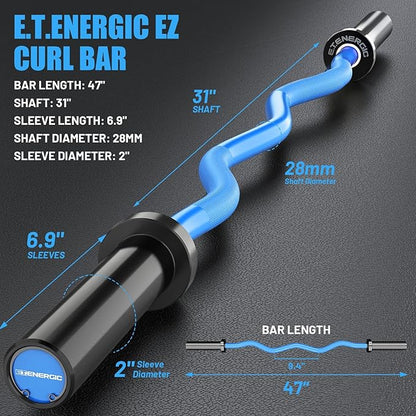 47" Olympic EZ Curl Bar 500-lbs Capacity Steel Barbell Suitable for 2" Weight Plates, 2-Inch Curl Bar for Weight Lifting,Hip Thrusts,Squat,Biceps-Home Gym Weight Bar