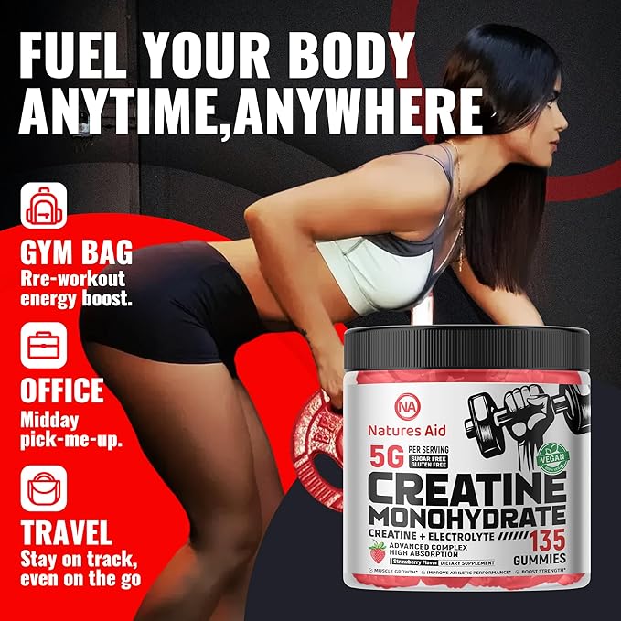 Creatine Monohydrate Gummies (5g) – Pre-Workout Energy & Muscle Growth Support for Men & Women | Strawberry Electrolyte Gummies (135 Count)