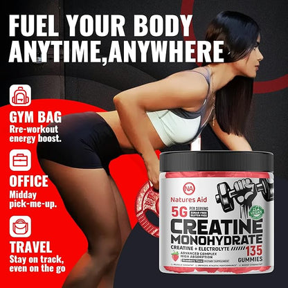 Creatine Monohydrate Gummies (5g) – Pre-Workout Energy & Muscle Growth Support for Men & Women | Strawberry Electrolyte Gummies (135 Count)