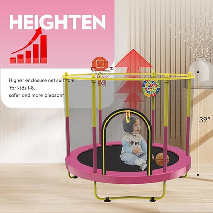 72" Trampoline for Kids with Net,6 FT Indoor & Outdoor Small Toddler Trampoline with Basketball Hoop & Dart Board for Ages 1-8, Birthday Gifts for Boys & Girls, Baby Toddler Christmas Toys