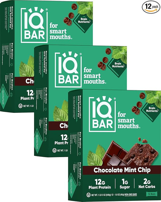IQBAR Brain and Body Plant Protein Bars - Chocolate Mint Chip - 36-Count Low Carb - Gluten Free