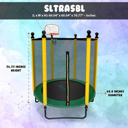 SereneLife 5FT Outdoor & Indoor Trampoline for Kids – Durable Mini Toddler Trampoline with Net Enclosure & Basketball Hoop - Supports 176 lbs, 60"x76"