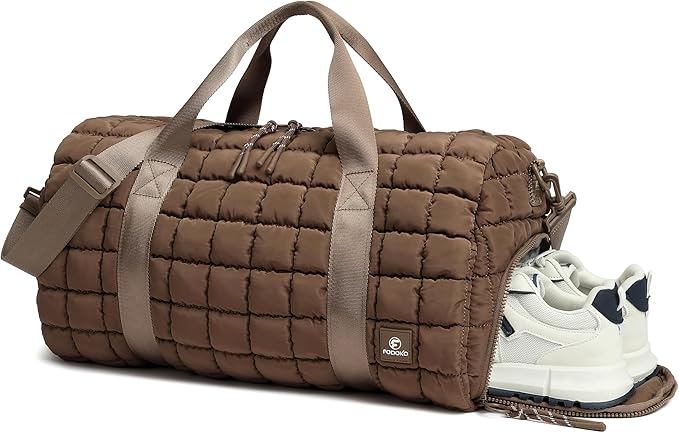 Quilted Duffel Bag for Women, Puffer Gym Duffle Bag with Shoe Compartment Lightweight Large Crossbody Sport Bag Travel Tote Brown