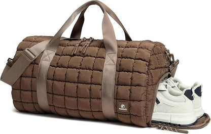 Quilted Duffel Bag for Women, Puffer Gym Duffle Bag with Shoe Compartment Lightweight Large Crossbody Sport Bag Travel Tote Brown