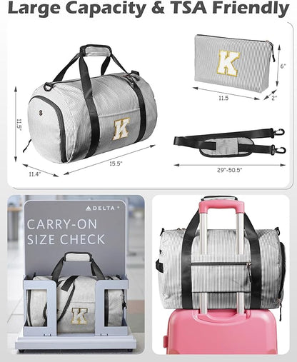 Teen Girls Birthday Gifts, Girl Gym Bag, Kids Monogram Overnight Duffel Bags with Shoe Compartment, Personalized Travel Bag with Makeup Pouch, Cute Stuff for Sister Daughter (Letter J)