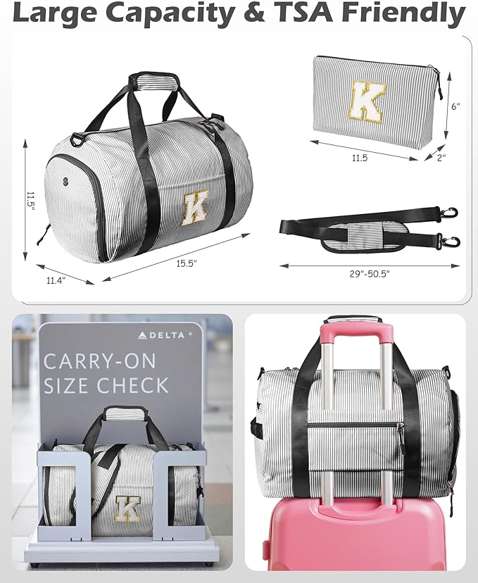 Dance Recital Gifts for Girls, Girl Gym Bag, Kids Monogram Overnight Duffel Bags with Shoe Compartment, Personalized Travel Bag with Makeup Pouch, Cheer Stuff for Daughter (Letter T)