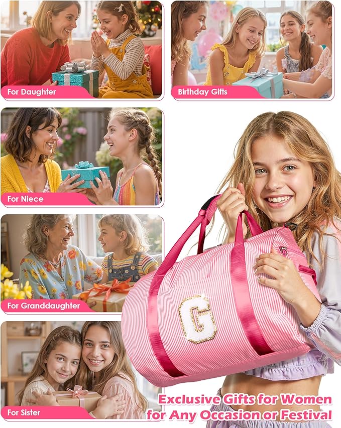 Gifts for Teenage Girls, Girl Gym Bag, Kids Initial Overnight Duffel Bags with Shoe Compartment, Personalized Travel Bag with Makeup Pouch, Girly Fashion Stuff Birthday Gift (Letter L)