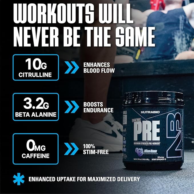 NutraBio STIM-Free PRE Workout for Men, New Formula | Laser Focus, Extreme Pumps | Performance, Endurance | 10g Citrulline, Beta Alanine, Nitrates, Nootropics, Electrolytes - 20 Servings Blue Razz