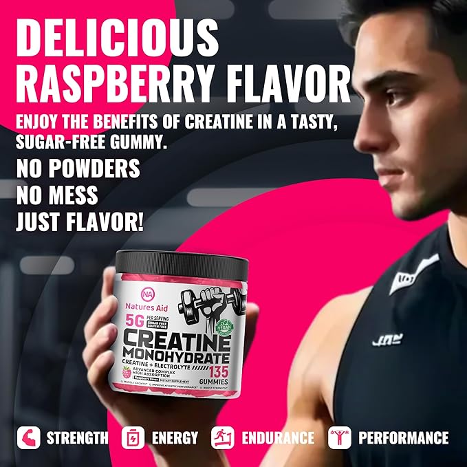 Creatine Monohydrate Gummies (5g) – Pre-Workout Energy & Muscle Growth Support for Men & Women | Raspberry Electrolyte Gummies (135 Count)