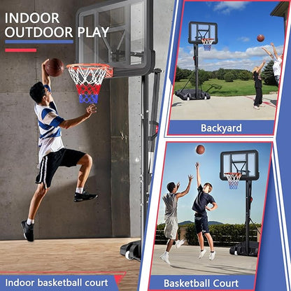 Portable Basketball Hoop,5.5-10FT Height Adjustable Outdoor Basketball Hoop Goal with 44 Inch Impact Backboard and Portable Wheels for Youth Adults Play in Backyard/Courts/Indoor
