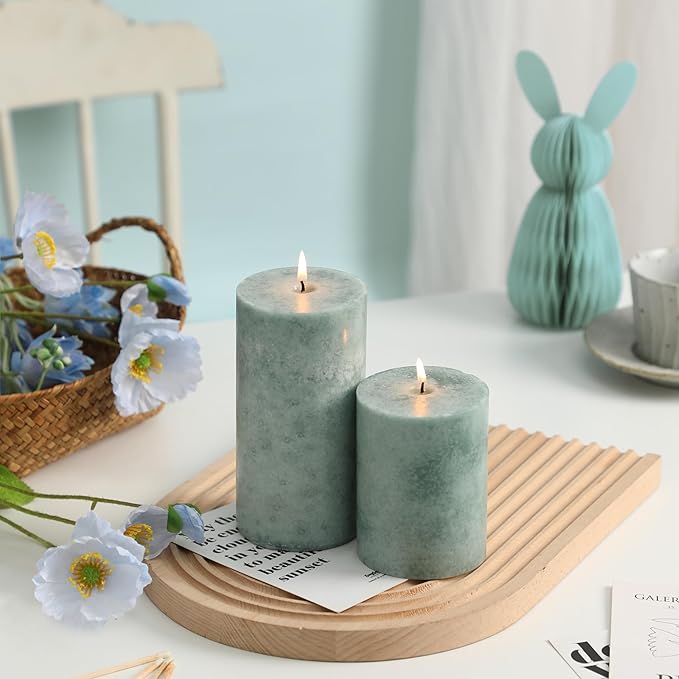 3x4 inch Green Pillar Candles Set of 3, Unscented Pillar Candle, Dripless and Smokeless Large Candles, Candle for Home Decor, Dinner Table,Weddings, Holidays