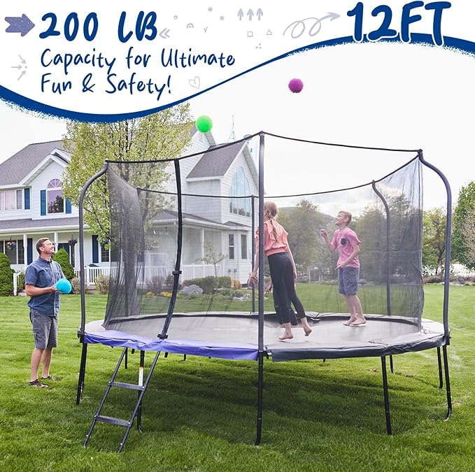 123JUMP by Skywalker Trampolines 10FT 12FT 14FT Outdoor Trampoline with Enclosure and Ladder, Round Recreational Trampoline for Kids with ASTM Approval, Spring Pad Cover, Heavy Duty Jump Mat