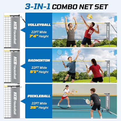 Haokelball Badminton Volleyball Pickleball Net Set, 22FT Portable All-in-One Nets System for Outdoor Beach Indoor with Adjustable Height, Includes Balls Rackets Pump Carry Bag