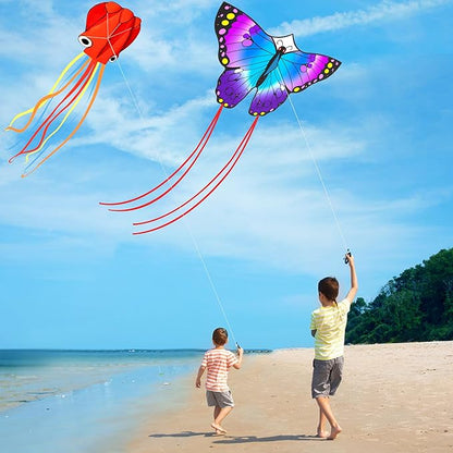 3 Pack Large Kites, Large Butterfly Kite, Colorful Delta and Red Octopus for Girls Boys Ages 4-8, 8-12, Adults
