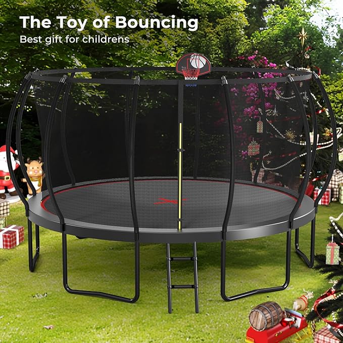 12 14 15 16FT Trampoline Outdoor with Basketball Hoop, Trampoline with Lights for Kids and Adults, Recreational Trampolin with Sprinkler, Stakes