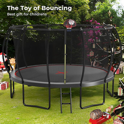 12 14 15 16FT Trampoline Outdoor with Basketball Hoop, Trampoline with Lights for Kids and Adults, Recreational Trampolin with Sprinkler, Stakes