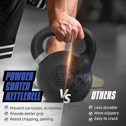 Yes4All Kettlebell, Heavy Duty Powder Coated Cast Iron Kettlebells, Non-Slip Handle & Flat Bottom for Conditioning, Strength Training & Full Body Exercises at Home Gym - Single & Pair