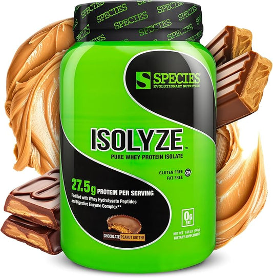 Species Nutrition Isolyze Whey Protein Powder, 100% Whey Isolate for Muscle Building, 27.5g Protein Per Scoop, No Sugar & Low Fat (Chocolate Peanut Butter, 22 Servings)