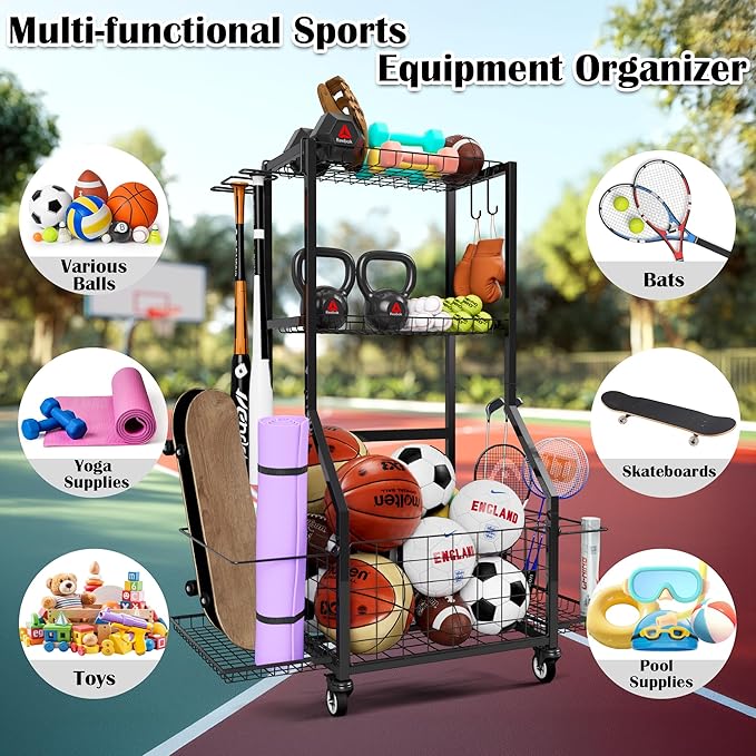 Sports Equipment Organizer, Outdoor Toy Storage Garage Organization - Ball Storage Racks with 2 Side Racks & Durable Baskets, Garage Rolling Ball Cart with Wheels, Hooks for Sports Gear, Bats