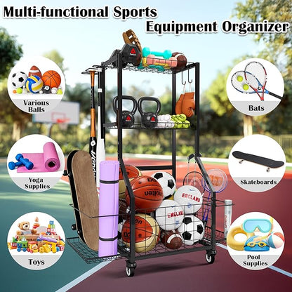 Sports Equipment Organizer, Outdoor Toy Storage Garage Organization - Ball Storage Racks with 2 Side Racks & Durable Baskets, Garage Rolling Ball Cart with Wheels, Hooks for Sports Gear, Bats