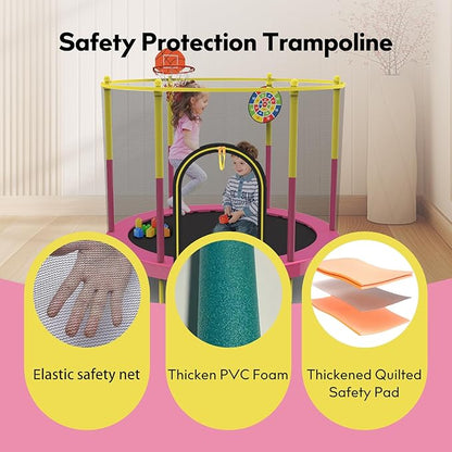 72" Trampoline for Kids with Net,6 FT Indoor & Outdoor Small Toddler Trampoline with Basketball Hoop & Dart Board for Ages 1-8, Birthday Gifts for Boys & Girls, Baby Toddler Christmas Toys