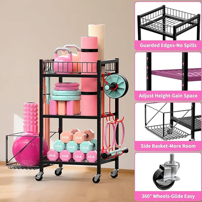 3-Tier Home Gym Storage Rack, Adjustable Yoga Mat Storage Rack, 250LBS Metal Workout Equipment Storage Cart with Large Basket & Lockable Wheels for Mats, Bands, Foam Rollers, Yoga Block (Rack Only)