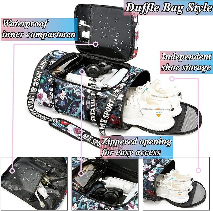 Gym Duffle Bag Backpack with Shoe Compartment,4 ways Travel Backpack for Women and Men,Multi-Functional Weekender bag with Waterproof Layer&Laptop Compartment for Fitness, Travel,Camping
